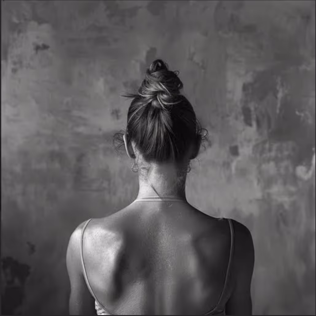 Black-and-white portrait of a woman's bare back and shoulders, hair in a bun, facing away from camera.