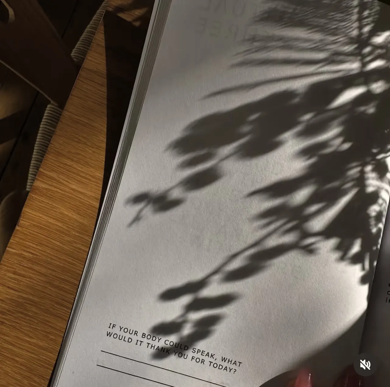 An open journal page with a written prompt, dappled leaf shadows falling across it.